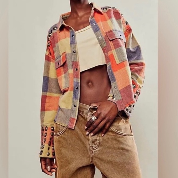 FREE PEOPLE Austin NEW Plaid Buttondown Size L Yellow Ochre Combo We The Free - Picture 15 of 15